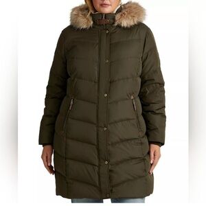 Lauren Ralph Lauren Olive Green Faux Fur
Trim Hooded Coat
